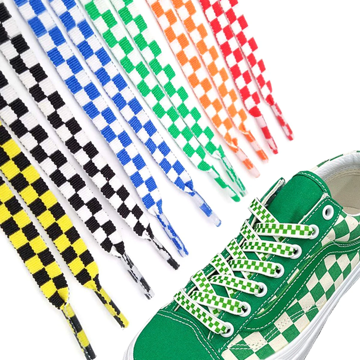 Checkerboard Pattern Flat Shoelaces (0.7cm Width) - Stylish Accessory for Sneakers & Casual Shoes