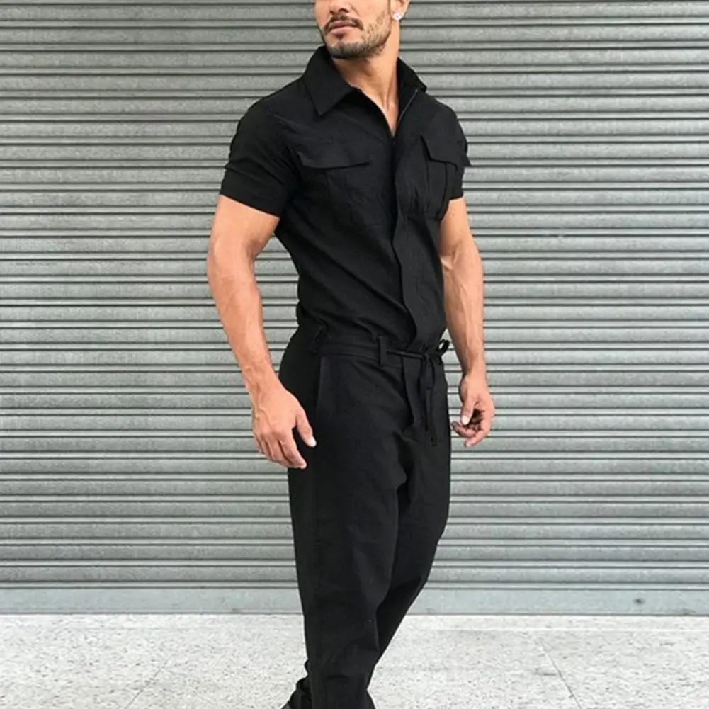 Men Jumpsuit with Belt Short Sleeves Turndown Collar Single Breasted Pockets Work Coverall Pure Color Casual Male Cargo Overalls