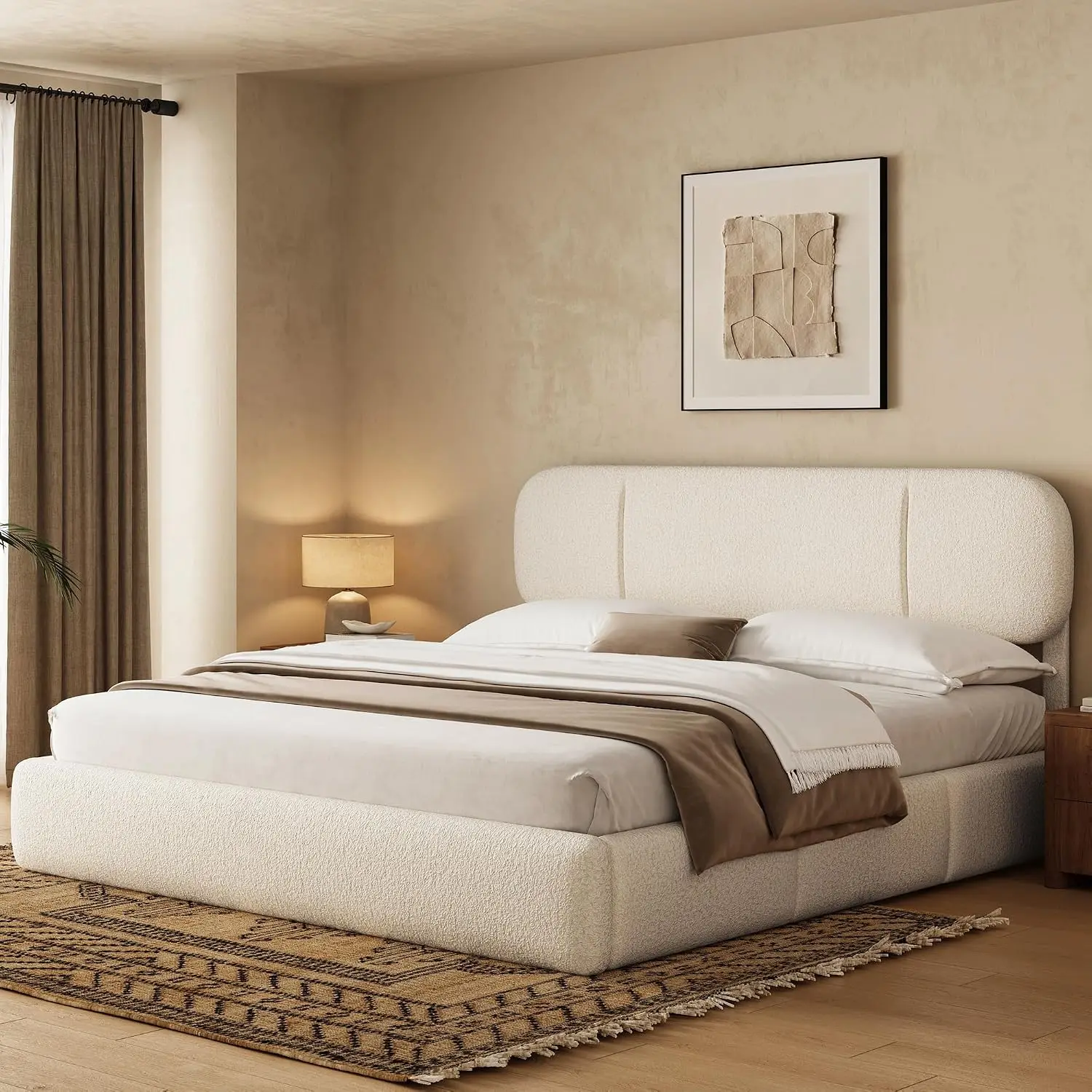 King Size Cloud Bed Frame LED & 4 Drawers Beige Soft Boucle Lockable Drawers LED Headboard Adjustable Height Platform Low Bed Ea