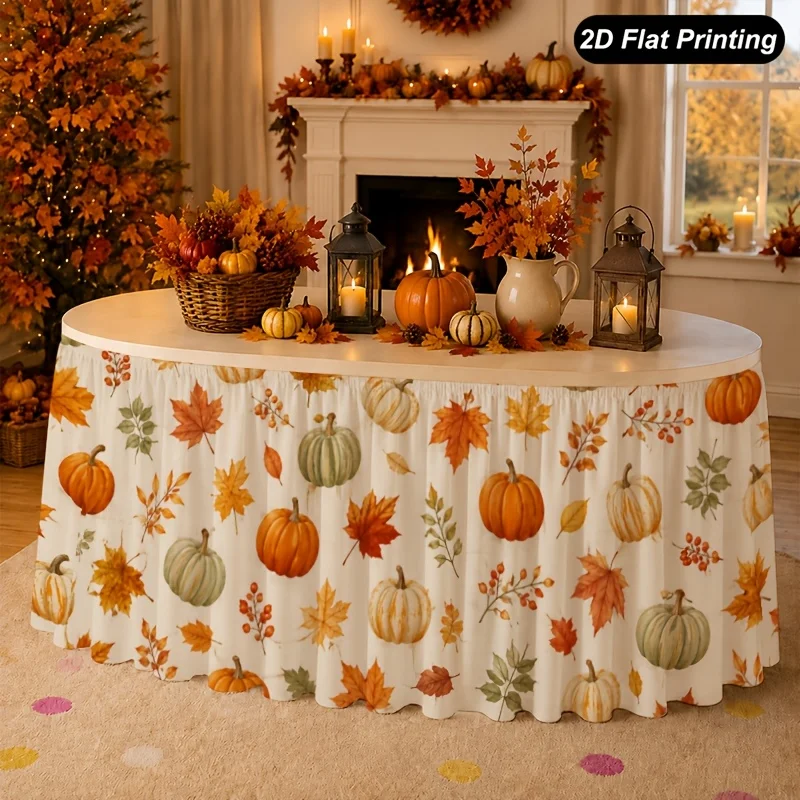 One 2D flat autumn tablecloth - Pumpkin, Maple Leaf, Hazelnut table runner, perfect for the family kitchen for Thanksgiving.zyc