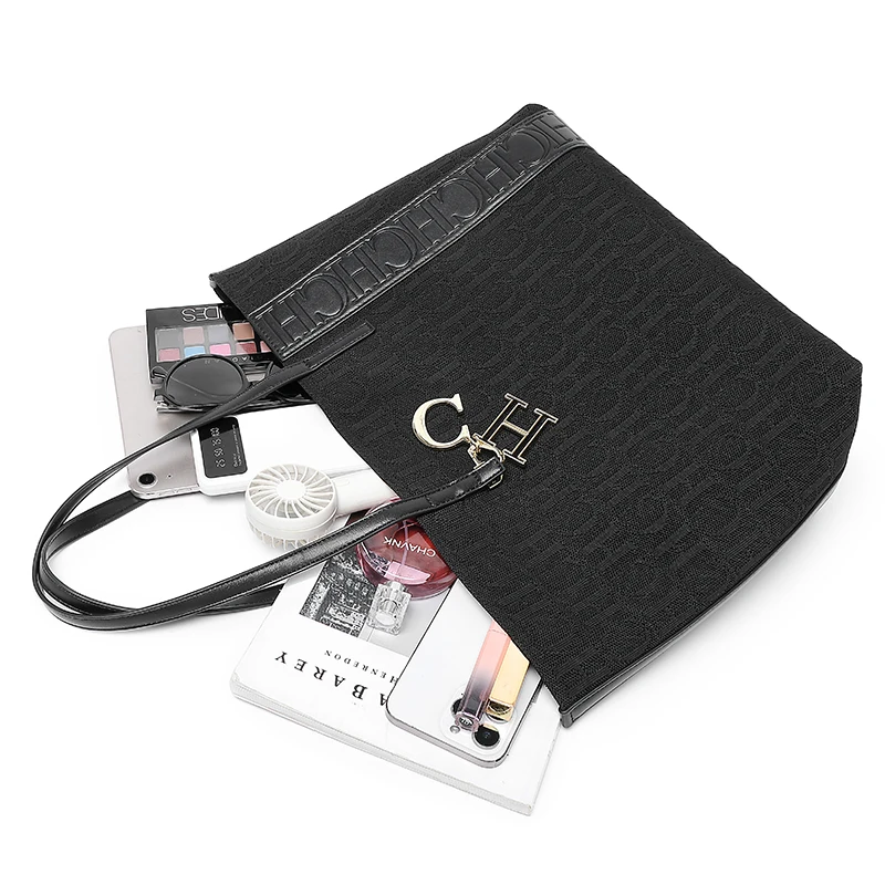 CH Fashion Women's Large Capacity Tote Bag Monogram Embossed Handbag with Metal Daily Commute Work Shoulder Bag image 4