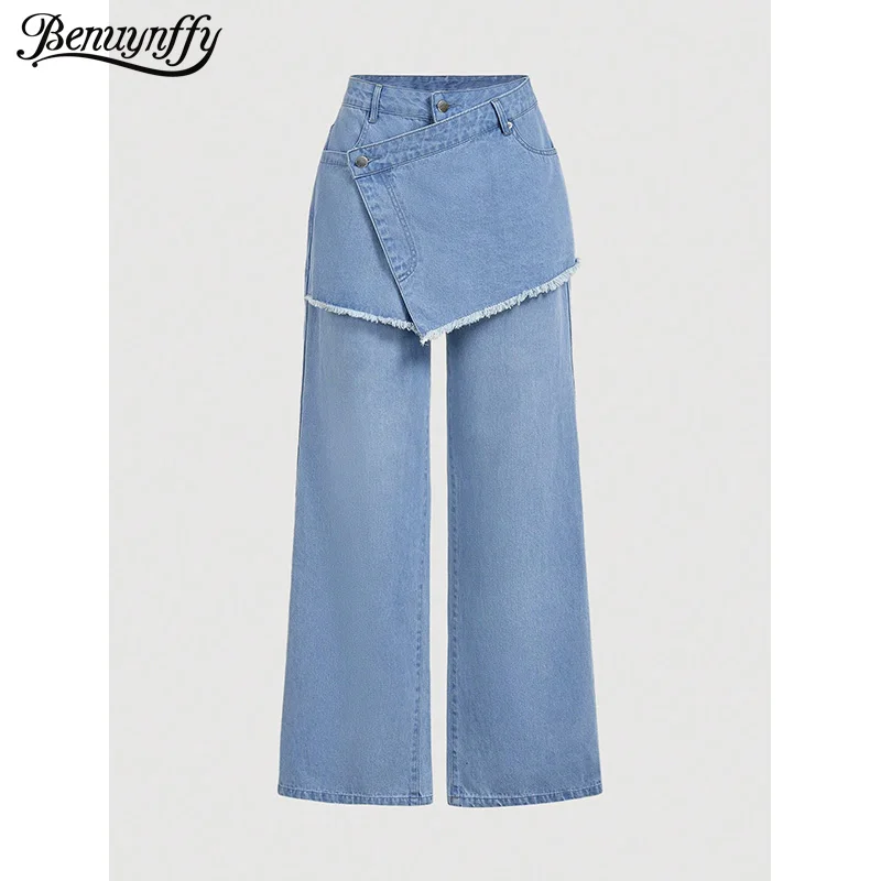 Benuynffy Streetwear 2 In 1 Raw Trim Low Waist Jeans For Women Fashion 2000s Vintage All Match Loose Straight Wide Leg Trousers