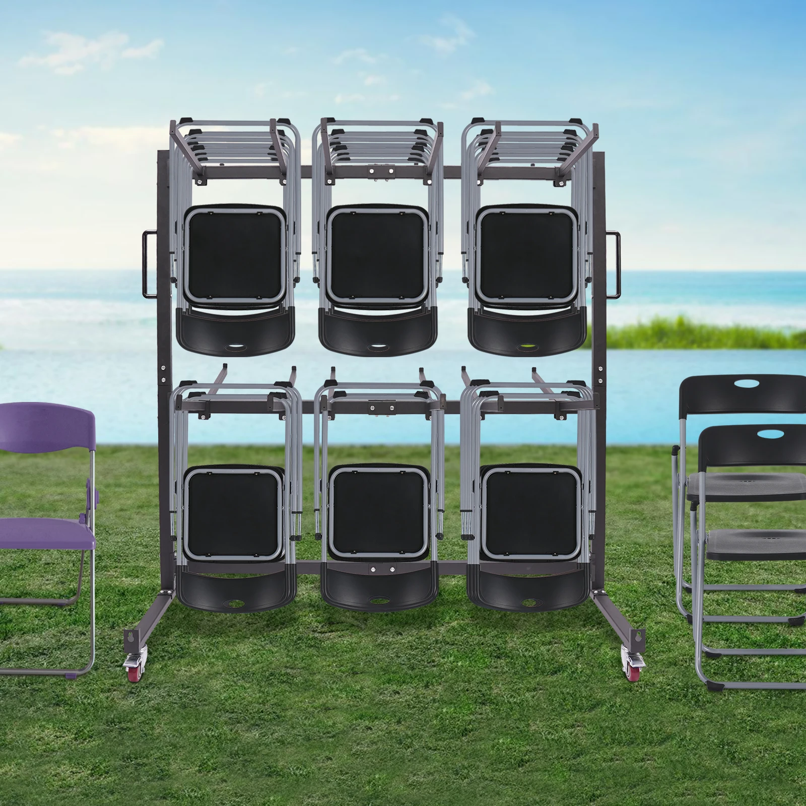 Folding Table Chair Cart Storage Rack 84 Chairs Capacity Heavy Duty Trolley on Wheels with Brakes, Q235 Steel Spray Coated, Mobile Dolly Stand for School Church Hotel Event Use view 6