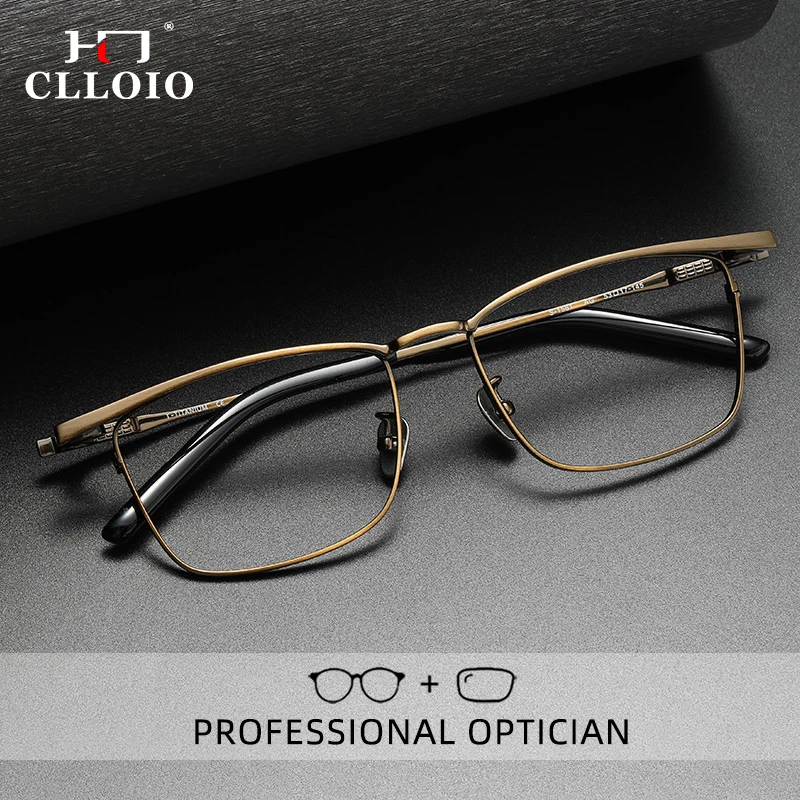 CLLOIO Men Top Pure Titanium Anti Blue Light Reading Glasses Vintage Square Myopia Glasses Hyperopia Prescription Eyewear S-156T