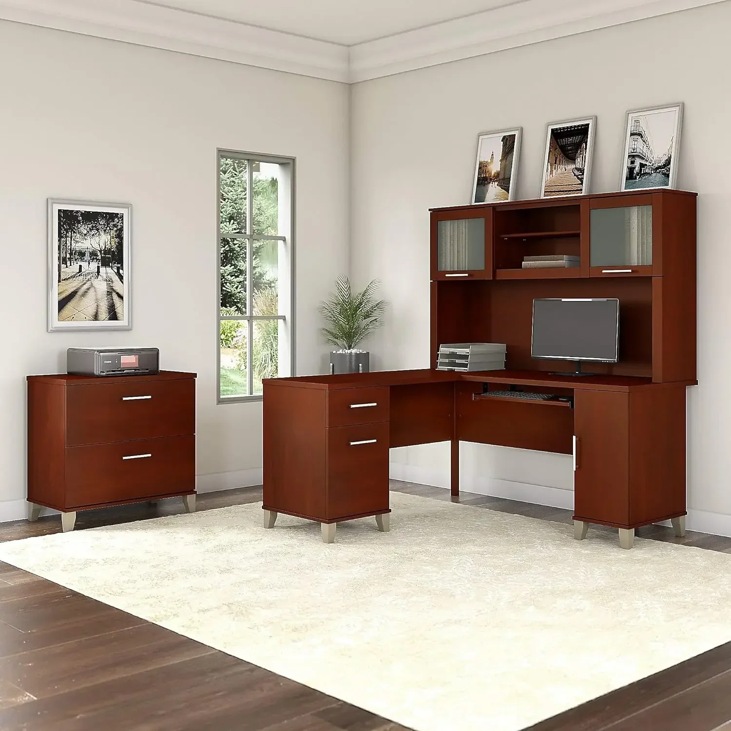 Somerset Desk Hutch, Attachment with Shelves and Cabinets for Home Office, 60W, Hansen Cherry