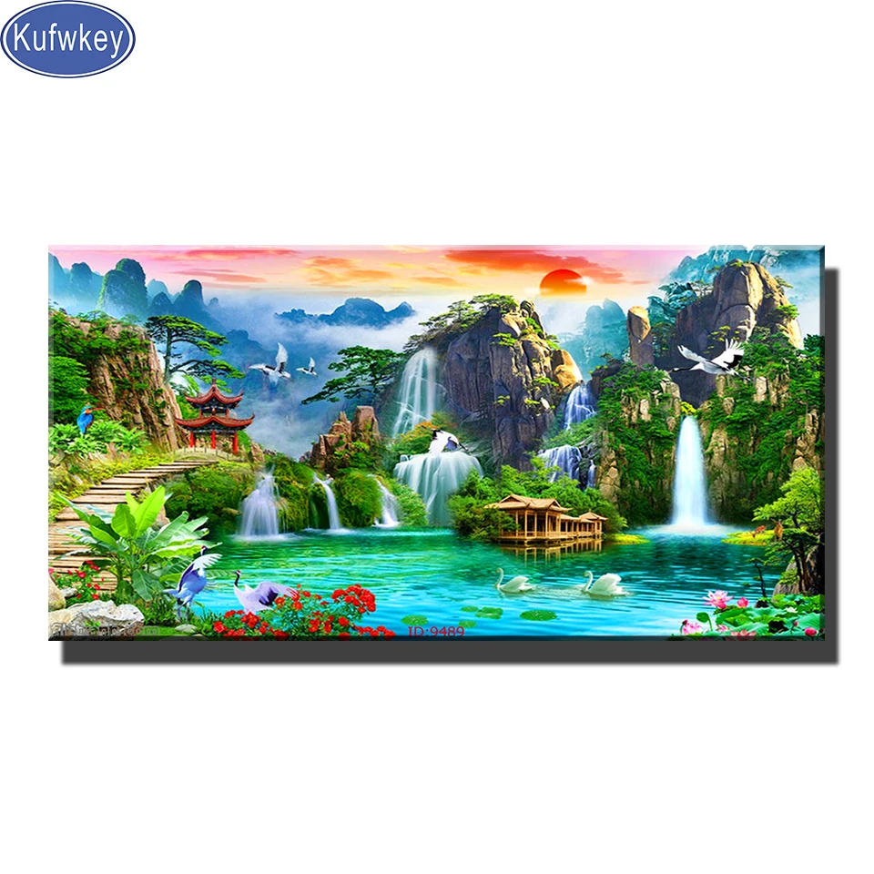 Big 5d diy diamond embroidery waterfall and mountain lake natural crane,full square round drill diamond painting Feng shui