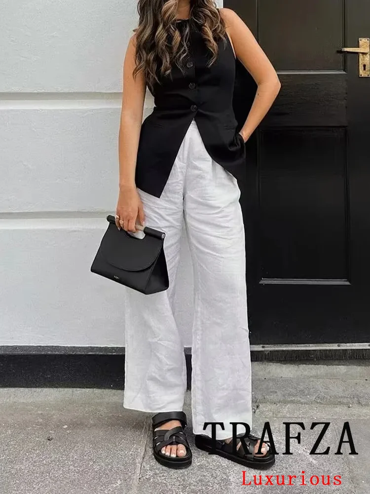 TRAFZA Vintage Suit Women Solid O Neck Single Breasted  Sleeveless Blazer  Straight Mini Skirts Fashion 2024 Summer Office Sets