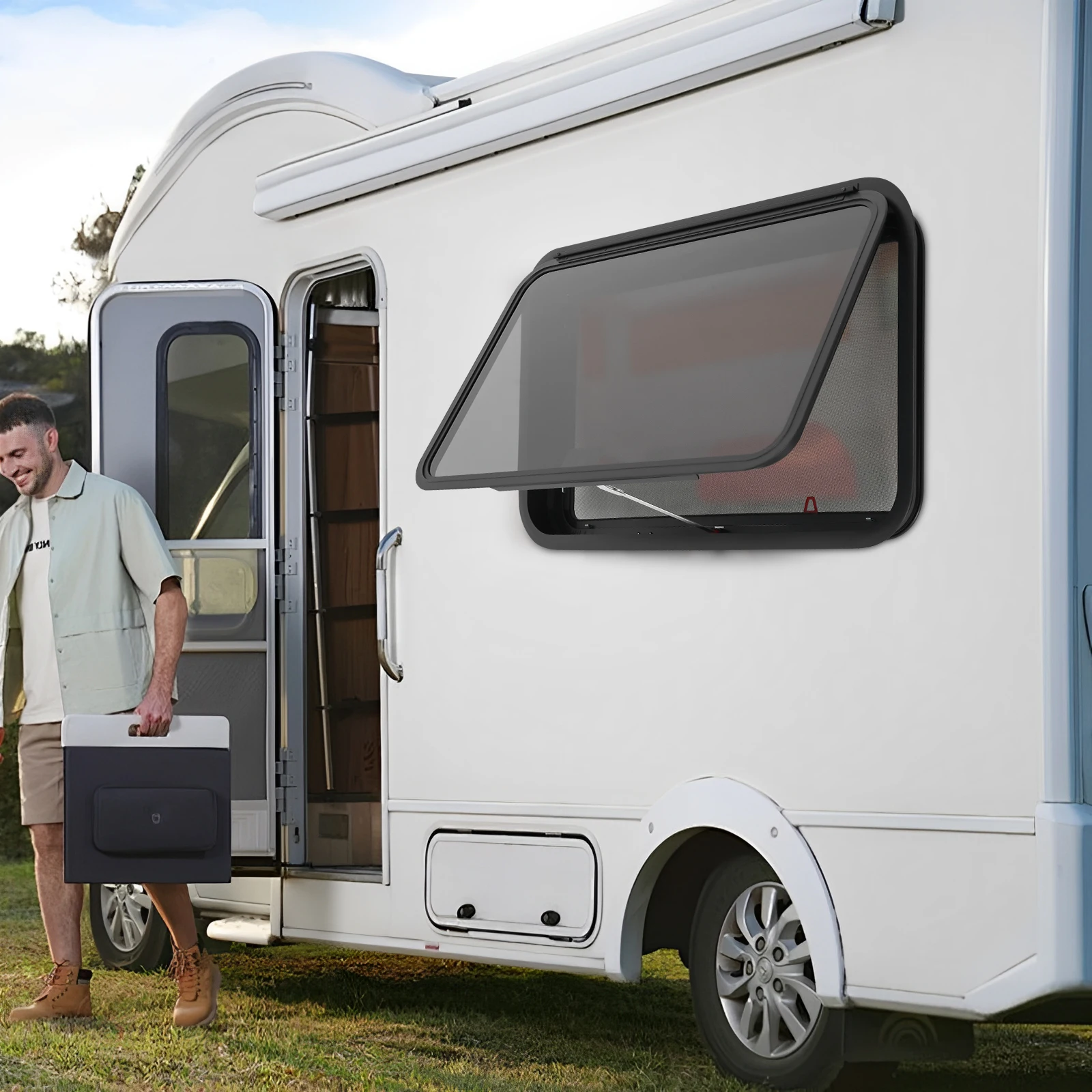 Modern Rectangular RV Exit Window Replacement with Trim Ring and Screen Push Out Glass Camper Window for Vehicles, Trailers