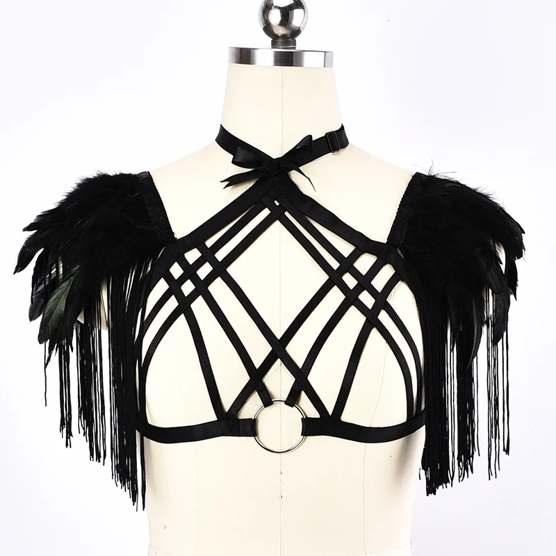 

Goth Feather Hollow Body Harness Cage Bra Sexy Elastic Fetish Bondage Lingerie Accessories Pole Dance Black Punk Harness Belt