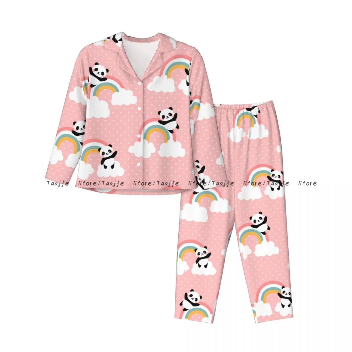 Women Sleepwear Pajamas Cute Panda Flying In The Sky With Clouds And Star Long Sleeve Pijama Female Set Negligee Cardigan Suit