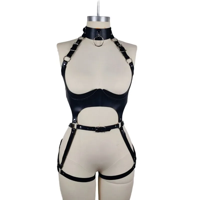 Women Fashion Punk Style Faux Leather Full Body Harness Belt, Garter Belt Set,Gothic Collocation Costume Accessories
