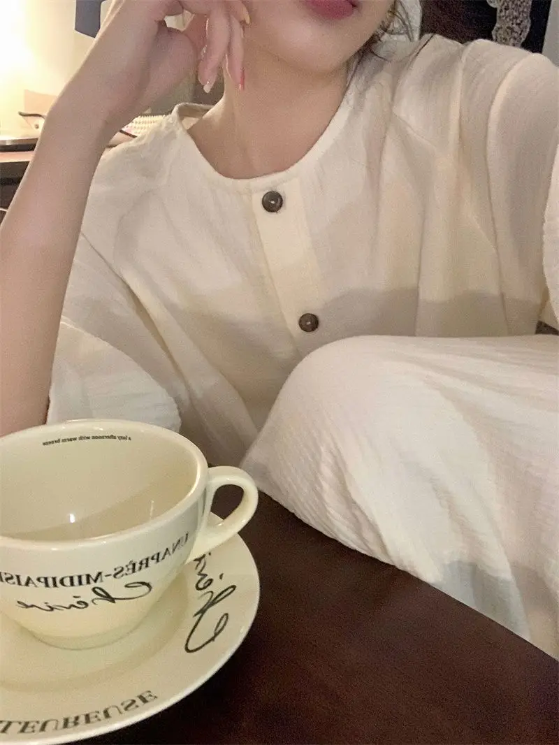 Long Nightgowns Women Elegant Chic Loose Fashion Button Design Basic Spring Soft Sleepwear Simple Schoolgirls O-neck Home Korean