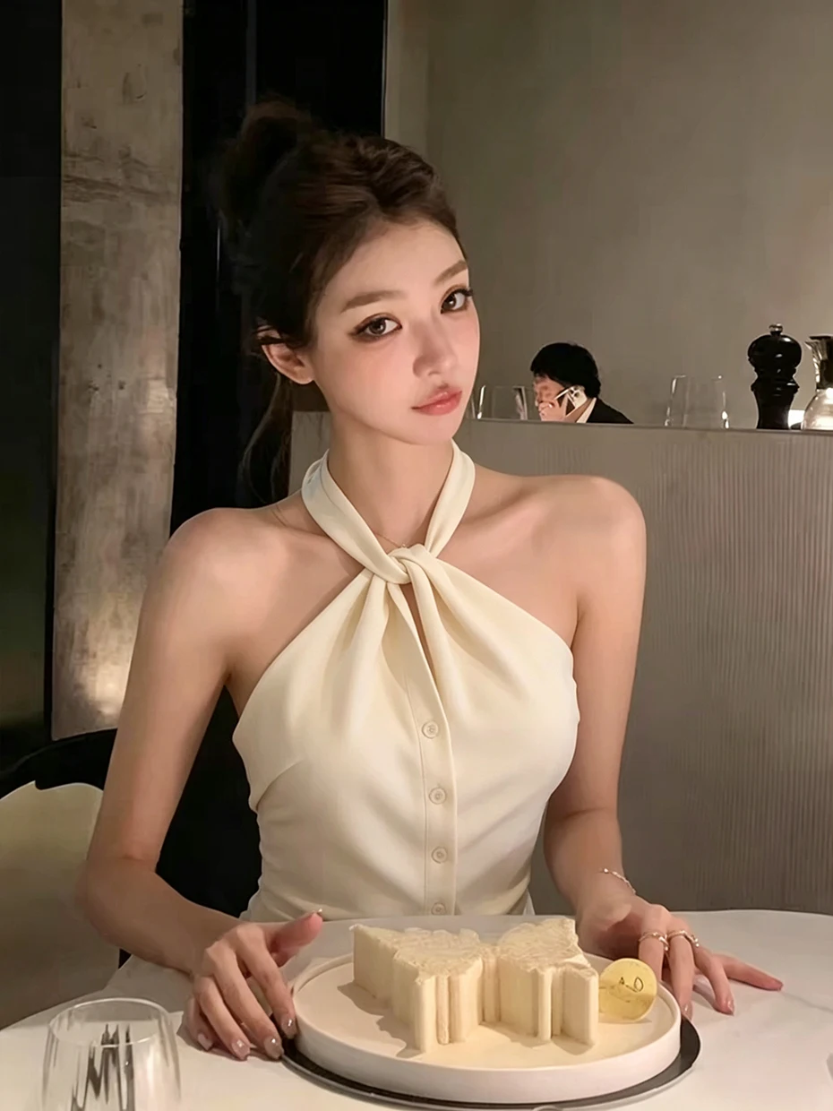 Summer Knitted Knot Neck Strap Vest Women's Slim Fit Sleeveless Top French Style Casual Outdoor Travel Yoga Sport Climbing