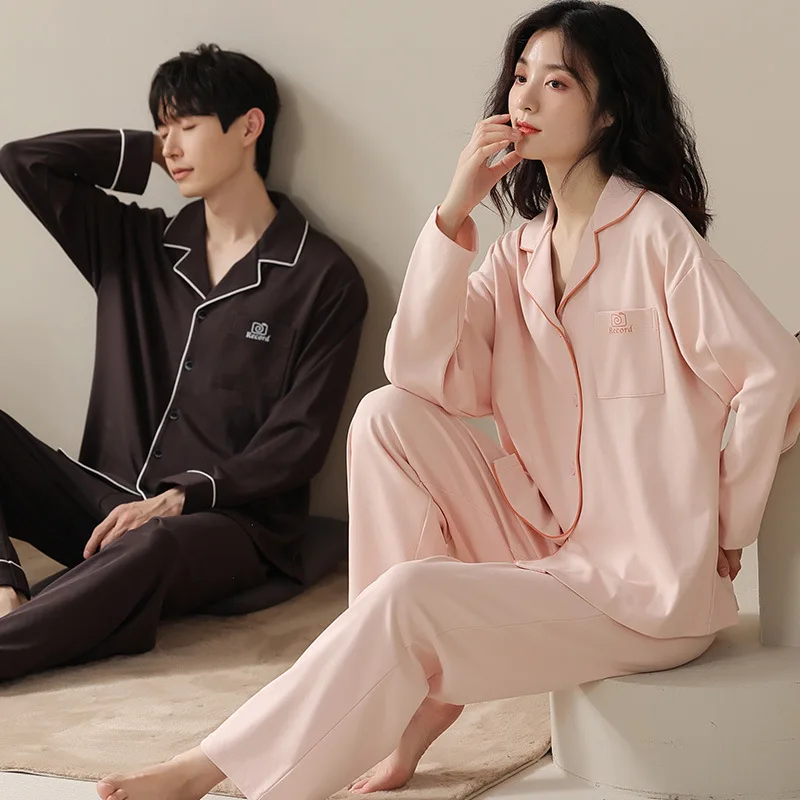 Autumn Winter New Couple Pajamas Long-sleeved Models of Women\'s Simple Leisure Men\'s Cardigan Homewear Suit Can Be Worn Outside