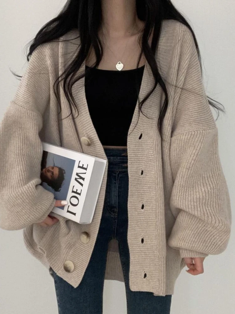 Cárdigan holgado para Mujer, prendas de vestir de punto cálidas con cuello en V, ropa informal de calle alta, ropa de moda coreana de temperamento suave para Mujer