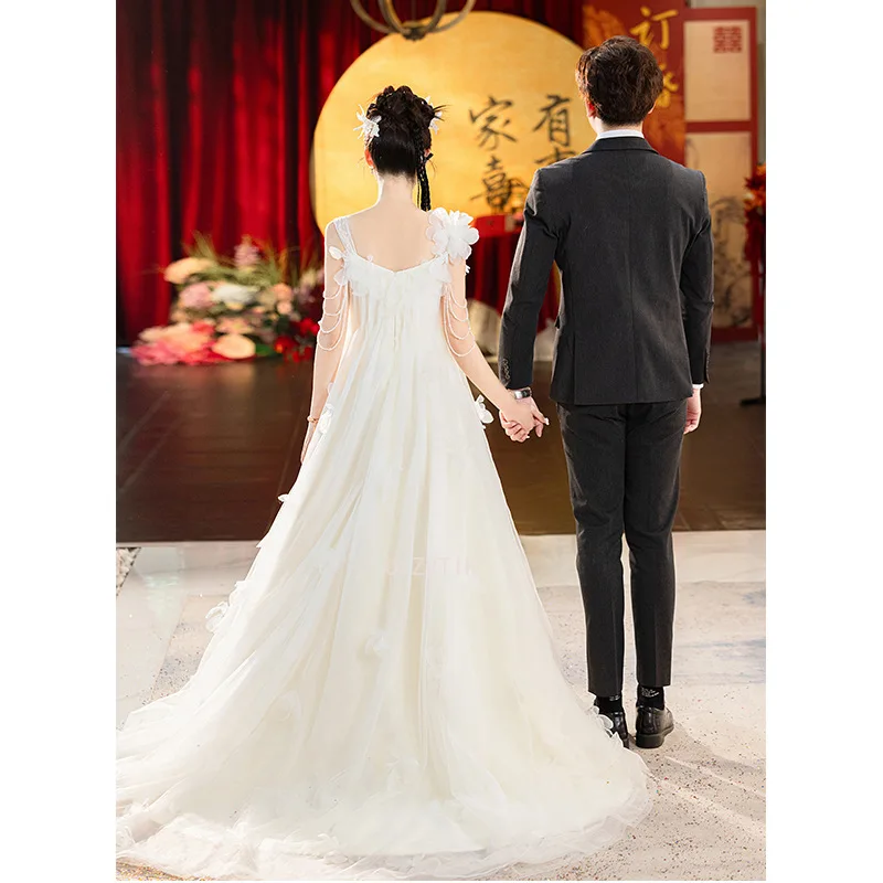 Simple Korea 3D Flowers Soft Tulle Wedding Dresses Elegant Photoshoot Sweetheart Pregnant Bride Gowns Birthday Party Customized