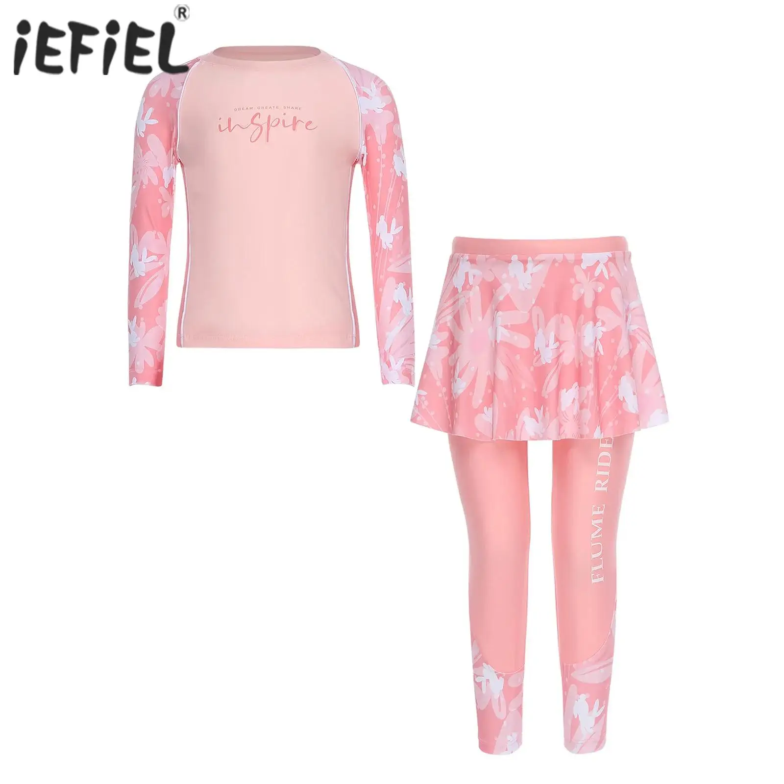 Kids Girls 2-Piece Rash Guard Swimsuit Floral Print Sun Protection Bathing Suit Beach Swimwear Dress with Drawstring Pantskirt