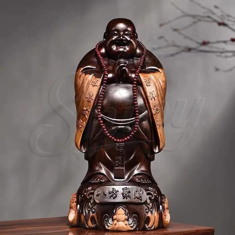 Ebony Wood Carving Maitreya Buddha Statue Ornaments Eight Parties Gather Wealth Smiling Buddha Attract Wealth Mahogany Crafts
