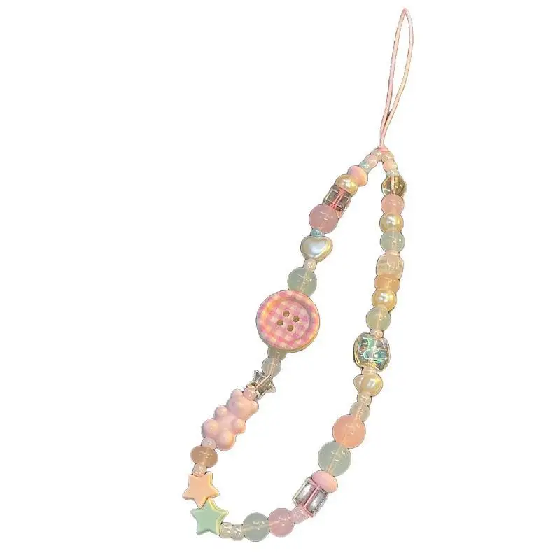 Cute Korean Pink Button 3D Beaded Phone Lanyard Anti-Lost Universal Wrist Phone Chain for Women Fashion Accessory view 5