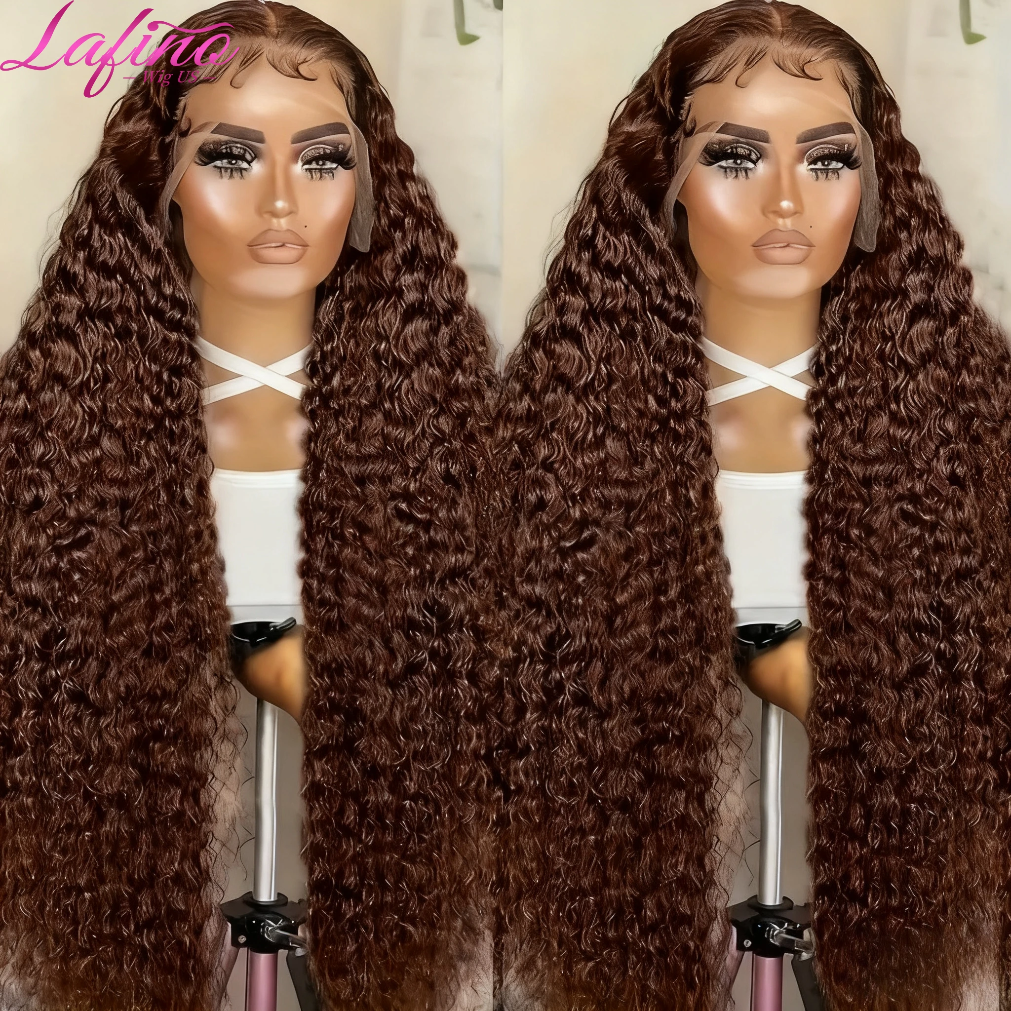 초콜릿 브라운 컬리 웨이브 13x6 HD 레이스 인모 가발 30 38인치 워터 웨이브 인모 가발 13x4 프론탈 가발 HD 레이스 # 4가지 색상