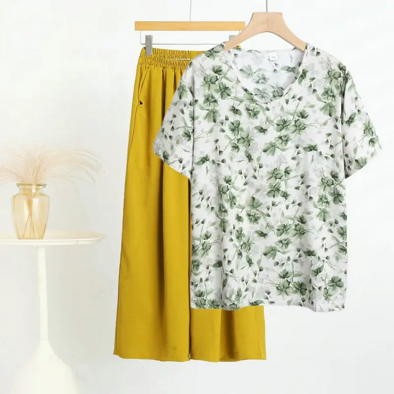 Casual Printed Middle Aged Mother Two Piece Set Short Sleeve Summer Sleepwear Pajamas Women Outside Wear Pijama Home Clothes