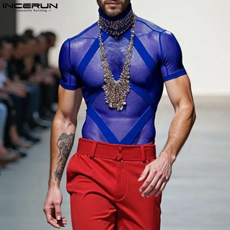 INCERUN Men's T Shirt Mesh Patchwork Transparent Turtleneck Short Sleeve Men Clothing Summer 2025 Streetwear Fashion Camisetas