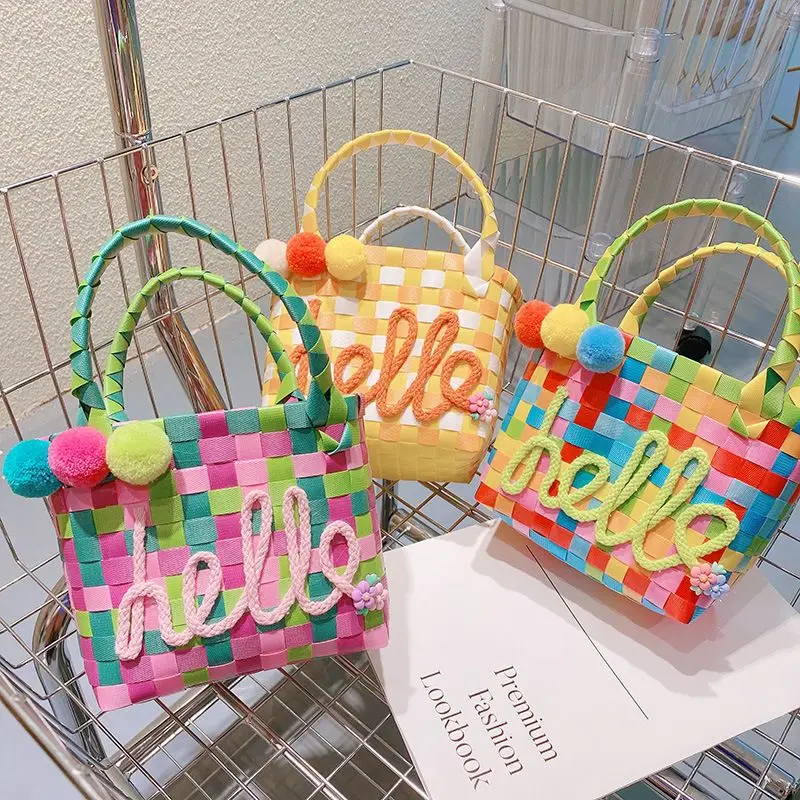 Cute Hello Letters Handmade Woven Handbag Rainbow Flower Shopping Beach Tote Purse Party Bag Gift