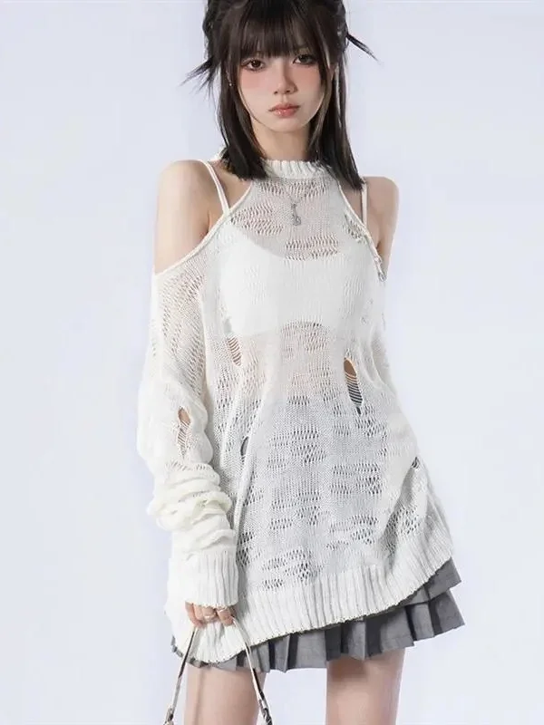 American Style Spicy Girl Shoulder Bared Hollow out Hole Knitted Sweater Women Spring 2026 Overhead Loose Outerwear Knitwear