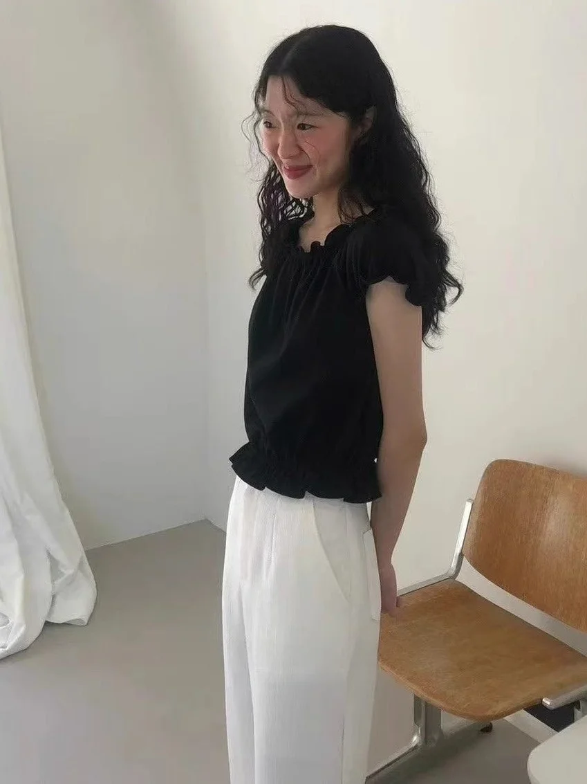 Chic Beautiful Wooden  Bell Sve irt Women Summer Unique ort Top T-irt Sweet Sle High Waist round Ne ort Sl...