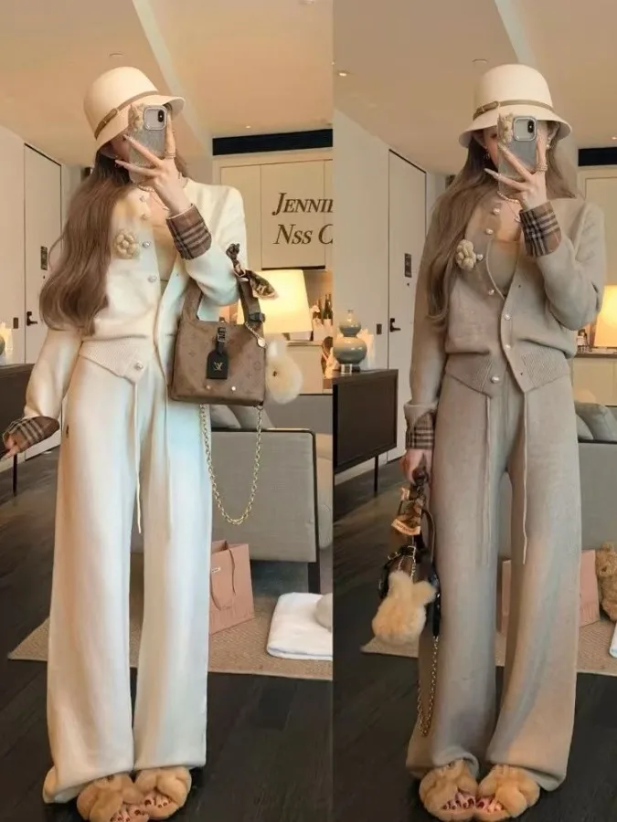 Women's Autumn Winter Long Sleeve Loose Wide Leg Pants Two Piece Set Casual Comfortable Soft Polyester Fiber V Neck Sweater
