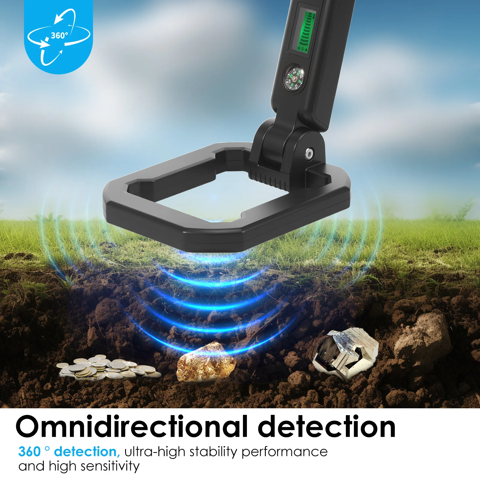 Metal Detector Pinpointer High Sensitivity 360° Full Range Detection Foldable Handheld Metal Detector Sound Vibration Alarm