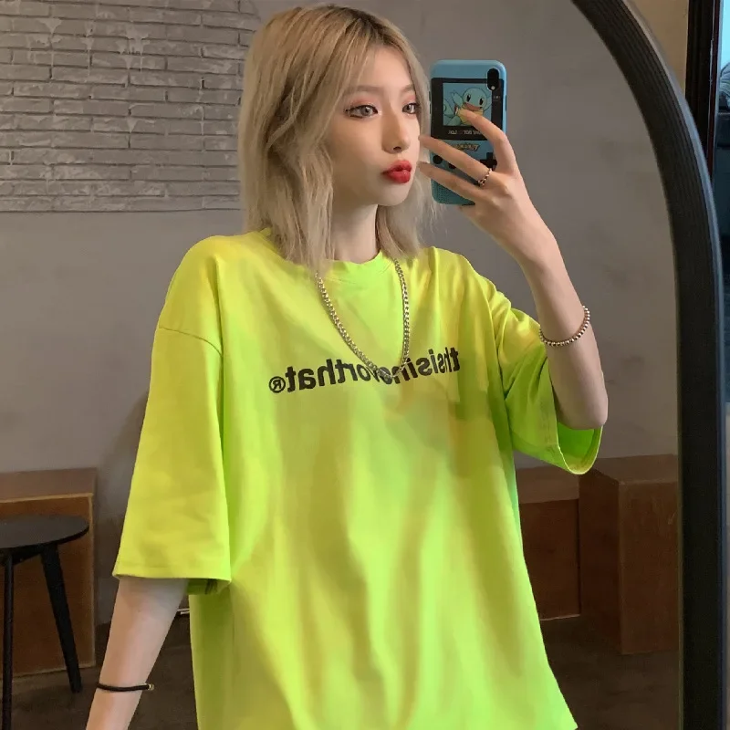 

DAYIFUN Fluorescent Green T-shirts Women 2024 Summer New Short Sleeve Letter Print Tops Tee Korean Loose Original Style Tshirt