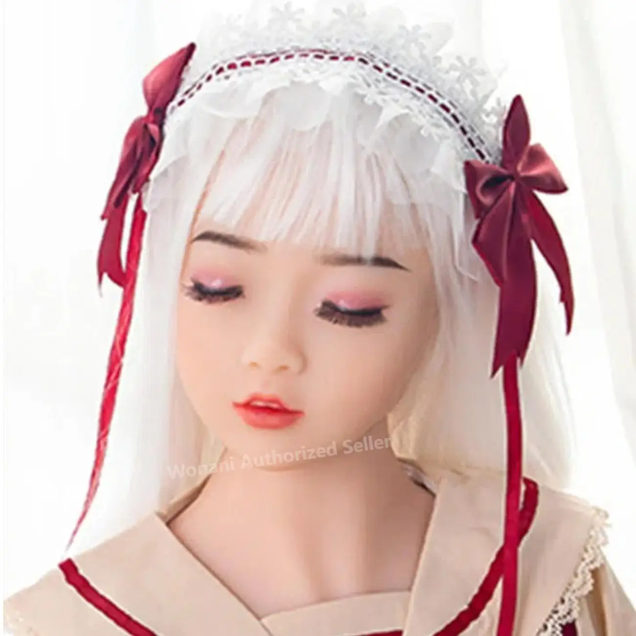 【Wonanii】Ogen Gesloten Meisje Food Grade TPE Kleine kop 67, M16 Schroefinterface Open mond met pruik Mondholte Huidtextuur