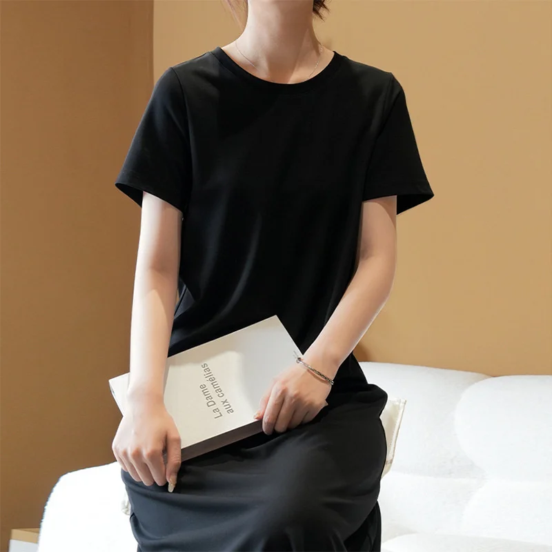 French Senior Casual Black Dress Female 2023 Summer New Loose Temperament Slim Simple Generous Long T-shirt Skirt Solid Color X4