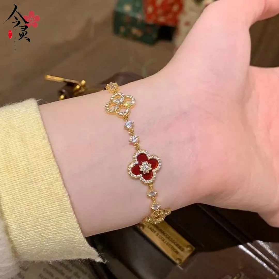 

9999 24K real gold diamond red four-leaf flower bracelet for women, exquisite mother-of-pearl versatile bracelet