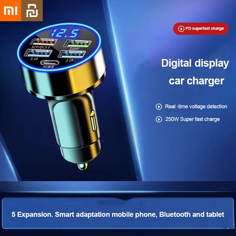 Xiaomi Youpin Car Charger 4usb PD 250W Type C Fast Charging Auto Mobile Phone Adapter For iPhone Huawei QC 3.0 Digital Display