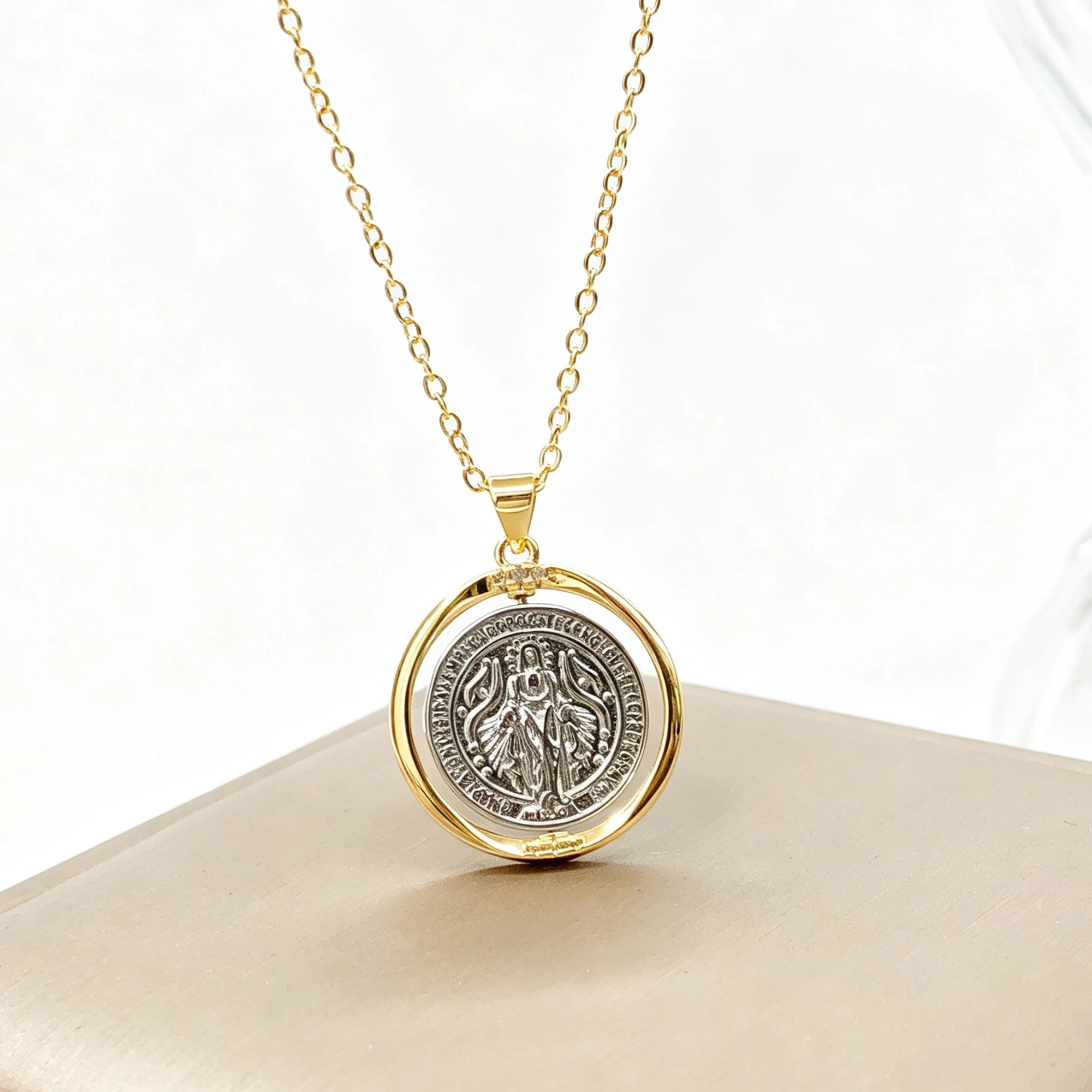Rotatable Double-Sided Virgin Mary Saint Benedict Pendant Necklace Catholic Christian Religious Medal Jewelry for Women Men