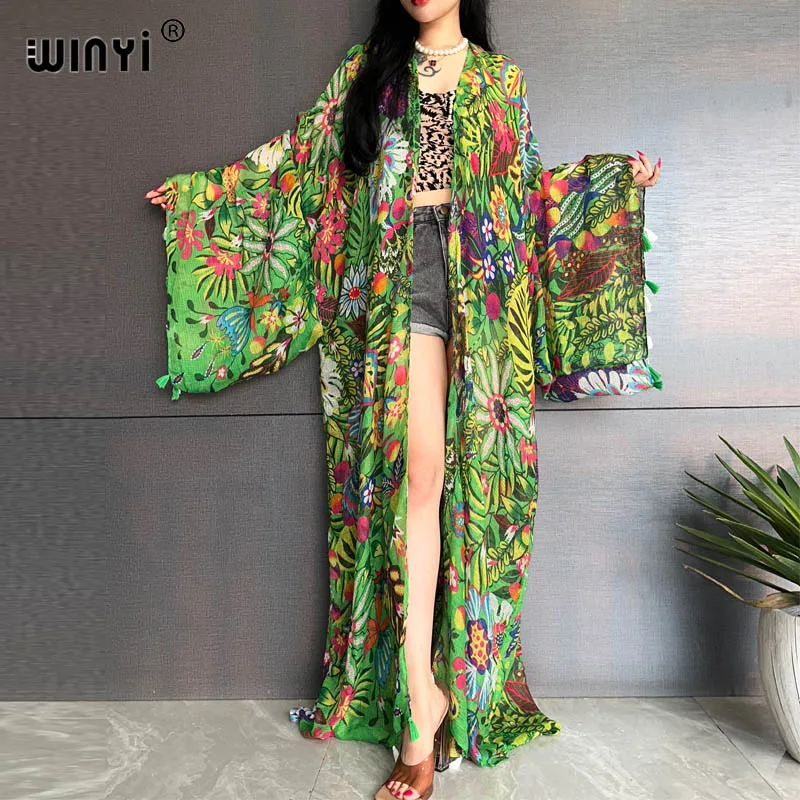 WINYI new summer Kimono Women Retro bohemian print Cardigan Female Blouse Loose Casual beach Cover Up party kuwait kaftan