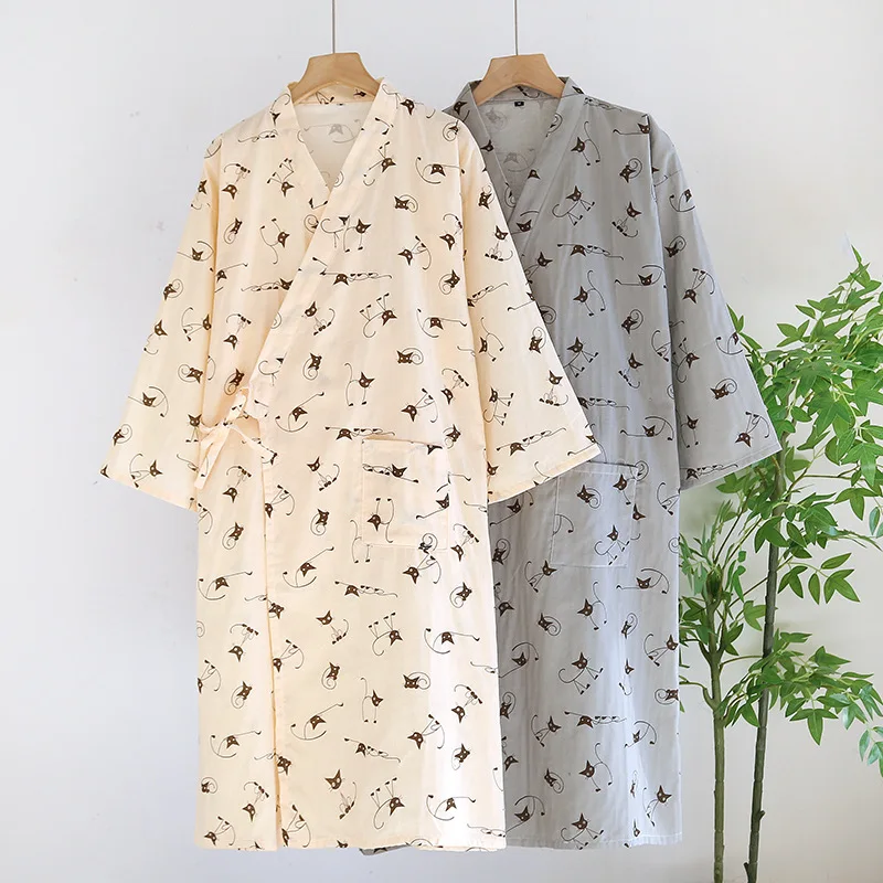 Men's and Women's Sleeping Gowns Cotton Double-layer Gauze Home Clothes Half Sleeve Sweat Steamed Pajamas Couple Bathrobes