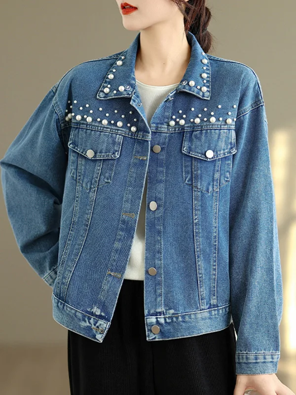 خريف 2025 جديد الدنيم عادية irt المرأة ربيع الخريف فضفاضة تناسب أمي ort ملابس خارجية زر علوي حتى طويل Sve تخفيف Sle