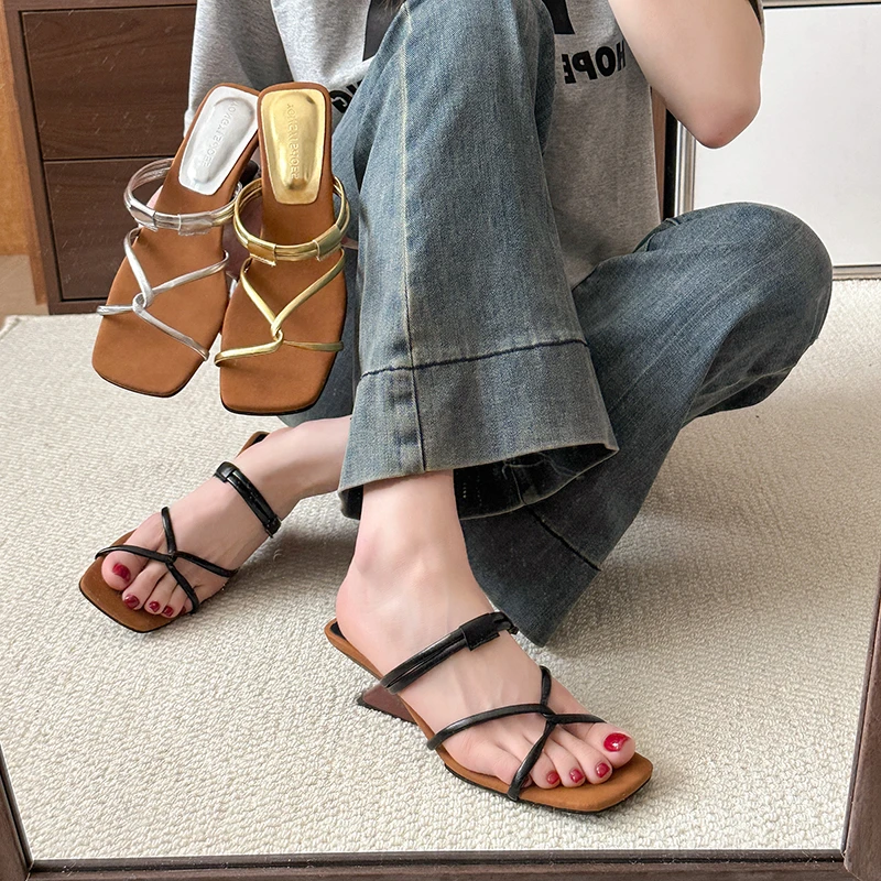 

2025 Women Slippers Heeled Sandals Square Toe High Heels Shoes Woman Summer Elegant Dress Designer Shallow Pumps
