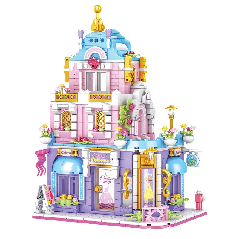 Klocki konstrukcyjne do budowania miasta, butik odzieżowy, zestaw do budowania domu, model domu, dekoracja na biurko, zabawki DIY dla dzieci, prezent na Boże Narodzenie, urodziny.