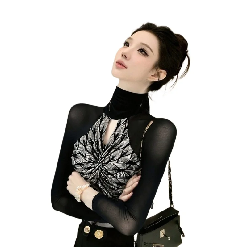 High-necked Hollow Kink Feather Printing Splicing Contrasting Color Long-sleeved New Micro-transparent  Foreign-style Mesh Yarn