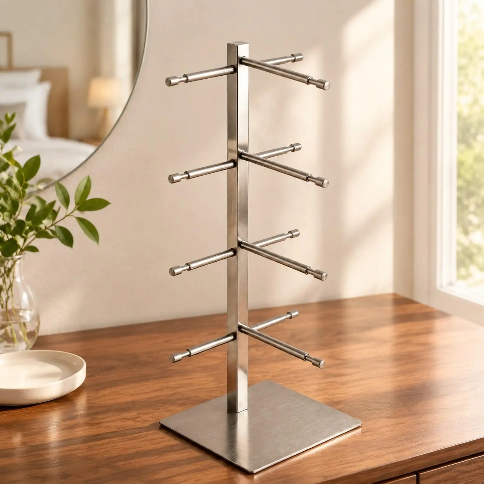 Four-Tier Eyeglass Display Rack Brushed Finish Freestanding Eyeglass Rack with Horizontal Arms Compact Footprint Tiered Eyewear