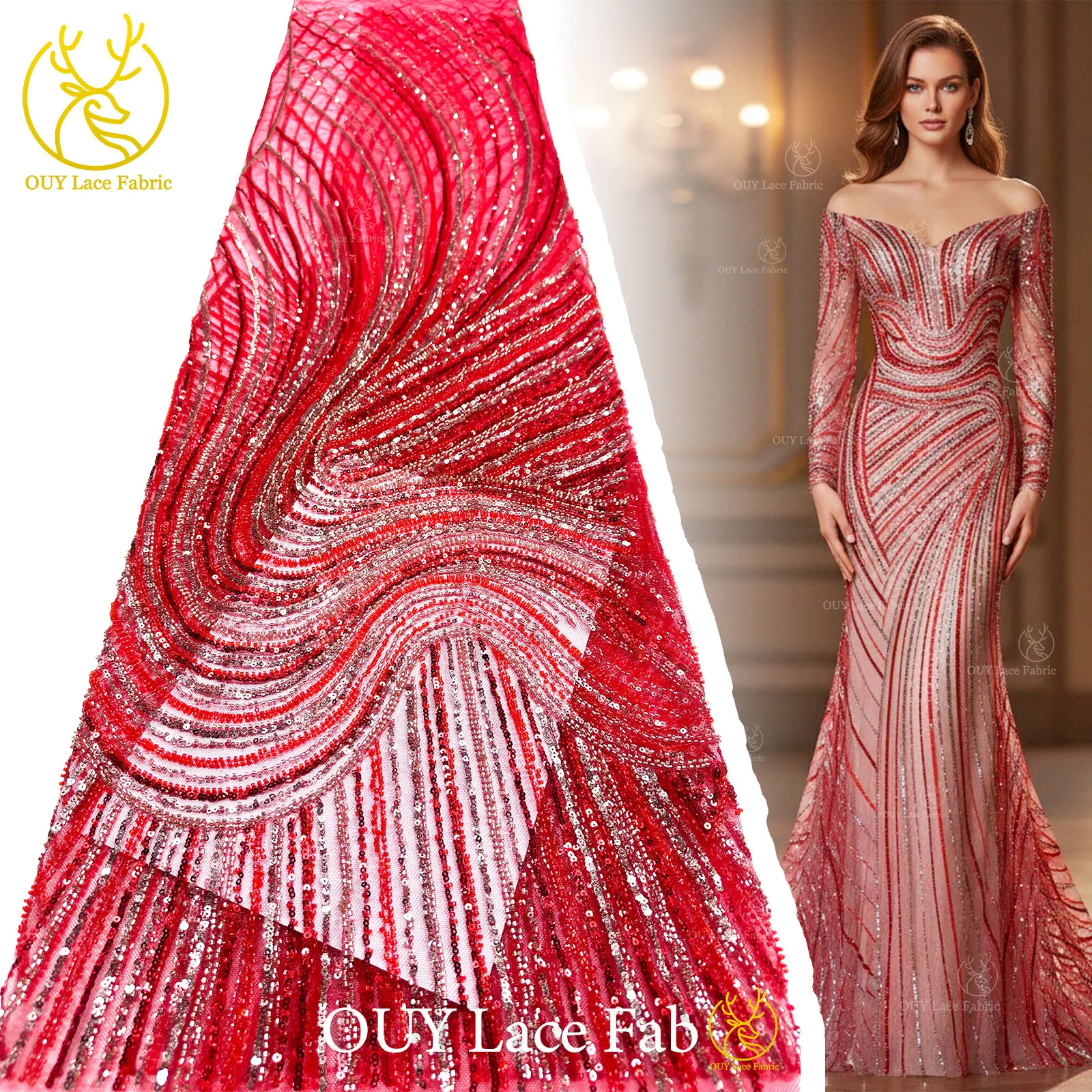 

Big Red Luxury African Beaded Lace Fabric 2026 Newest French Sequin Lace Fabric for Women Party Evening Dress Sewing Gowns