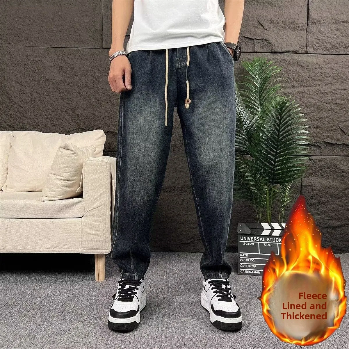 

Washed American Retro Denim Jeans Trendy Casual Fashionable Youthful Harlan Pants Autumn Winter Collection Cotton Stretch Fabric