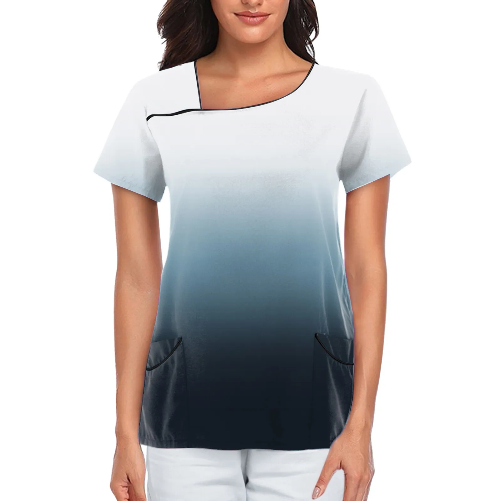 Gradient Print Womens Nurse Uniform Breathable Graphic Short Sleeve Surgery Working Uniform Health Services Nursing Scrubs Top