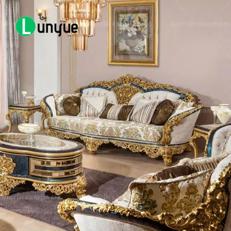 Luxury Turkish Royal Blue and Gold Sofa Set Hand Carved Living Room Furniture High Quality Home Decor Elegant Design