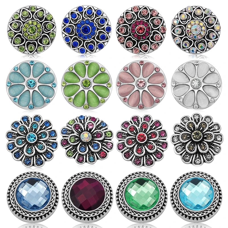 Beauty Flowers Colorful Rhinestone Cat eye stone Metal Round 18mm snap buttons for DIY 18mm snap jewelry Accessories Women Gift
