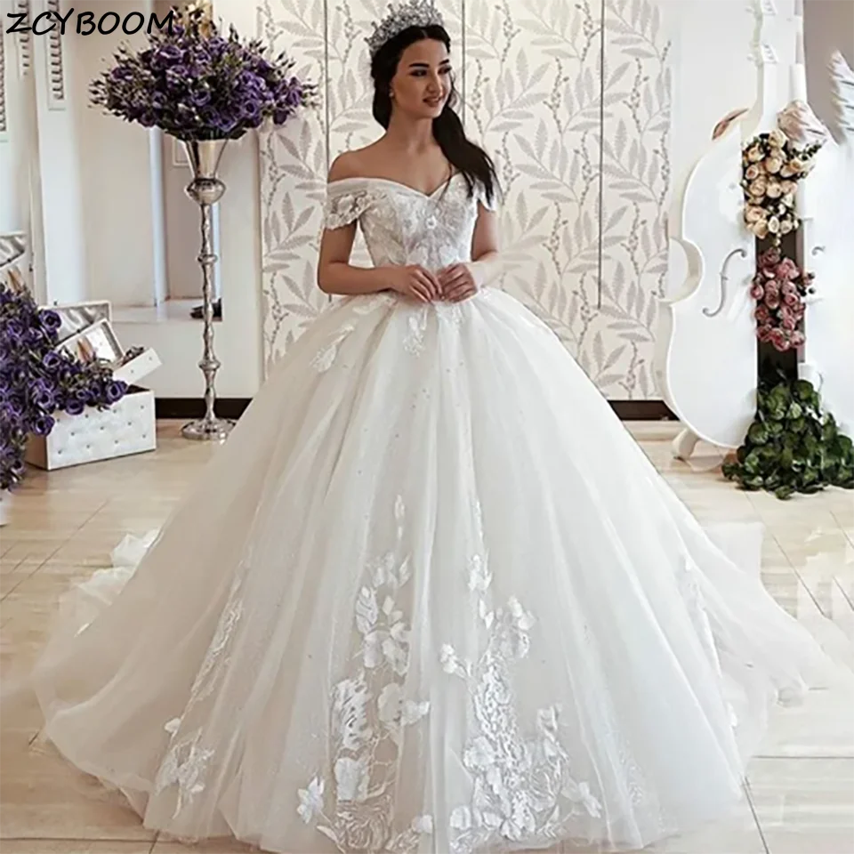 Customized Elegant Off The Shoulder Lace Appliques Ball Gown Wedding Dresses 2023 Lace Up Backless Court Train Tulle Bridal Gown